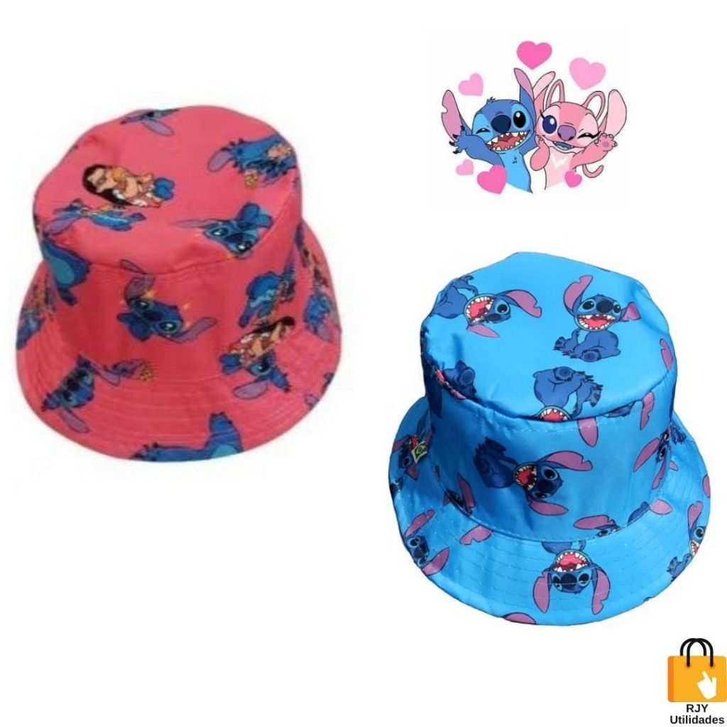 Bucket Chapéu Lilo Stitch Praia Chapéu Pescador Infantil Rosa Azul Criança 2 a 6 anos Praia Piscina Parque Passeios