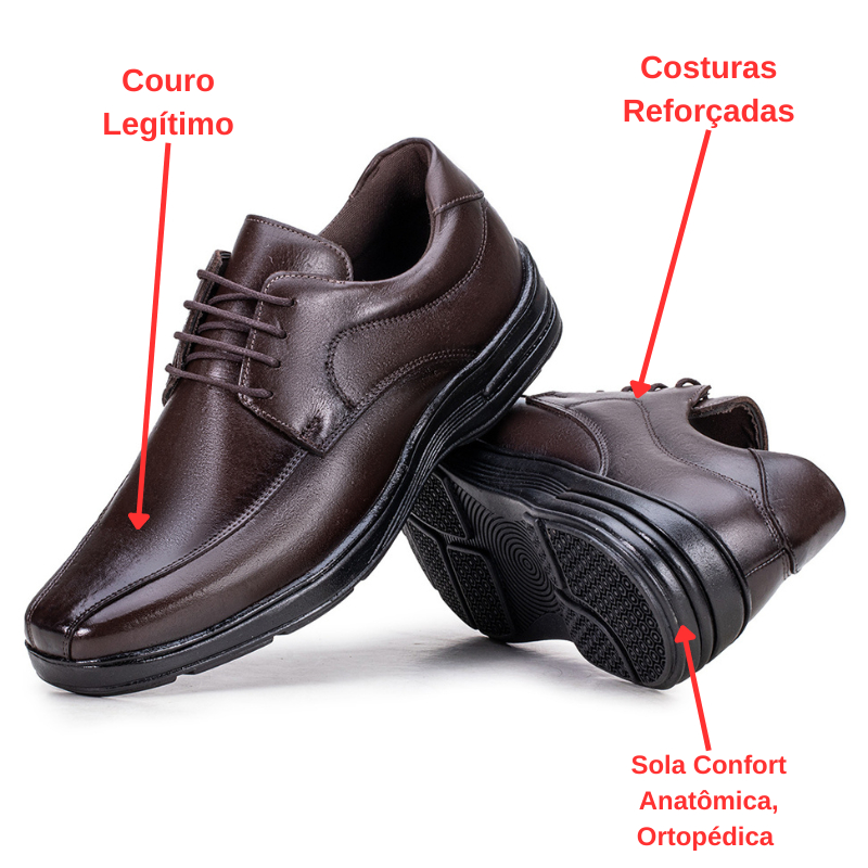 Sapato Social Masculino Comfort Couro Legitimo Ortopédico Anti Stress Cadarço 33 ao 46 Ref: 0502