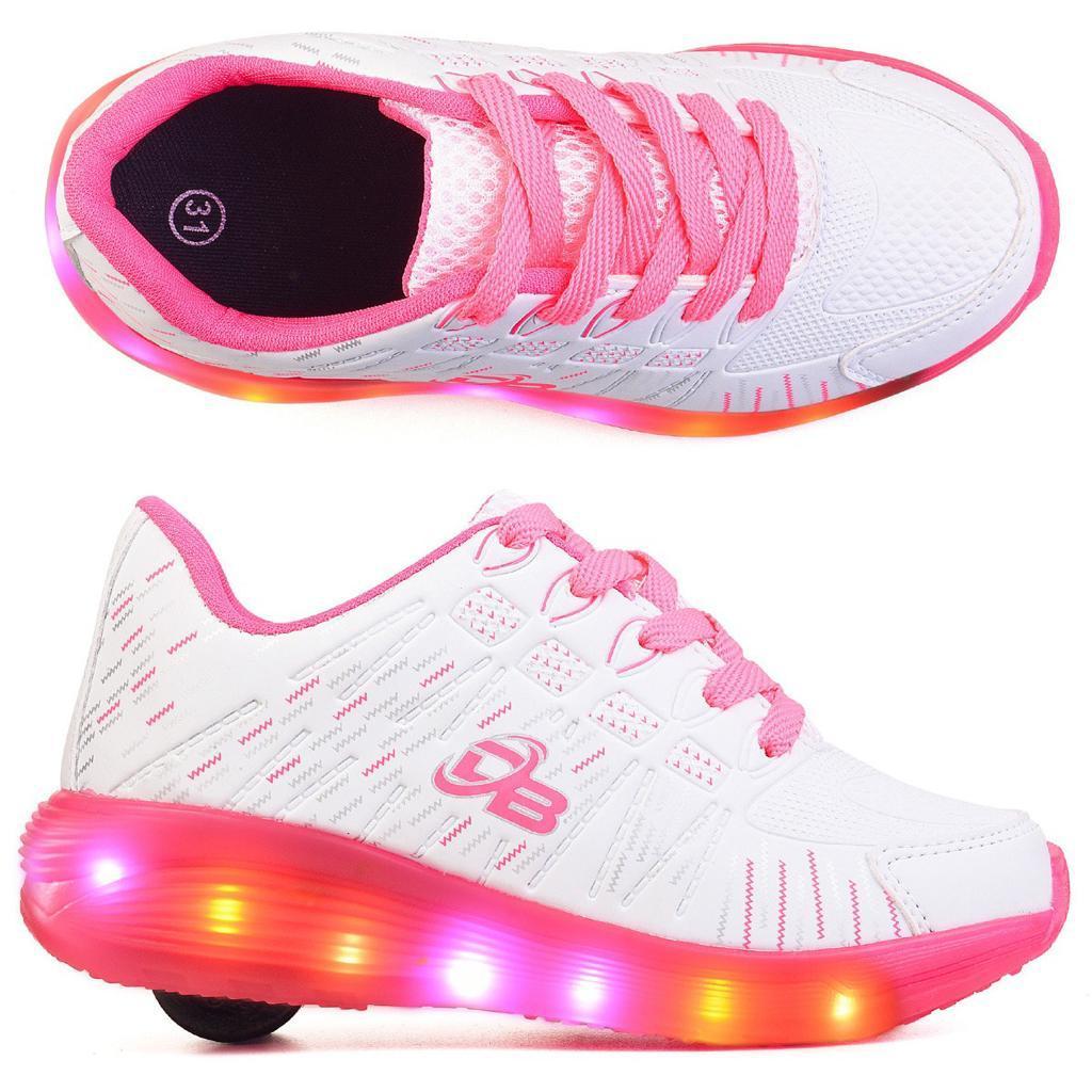 Tênis Criança com rodinhas DB com luzes de LEDs BRANCO ROSA do 26 ao 36
