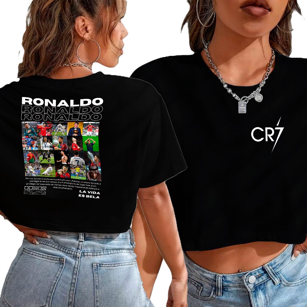 Blusa Cropped Top Estilosa Oversized Personalizada Cristiano Ronaldo Cr7 Goat Futebol em Oferta na Shopee