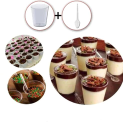 KIT 100~400 MINI COPOS 25ML ACRÍLICO + COLHERZINHAS CRISTAL – BRIGADEIRO E DOCES (CHOCO)
