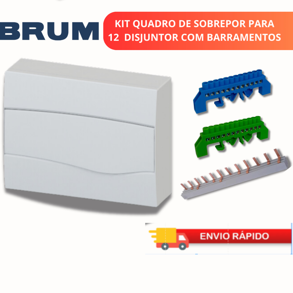 Quadro Distribuição Sobrepor 12 Disjuntor Barramento neutro/terra 12 furos Barramento Pente Tripolar