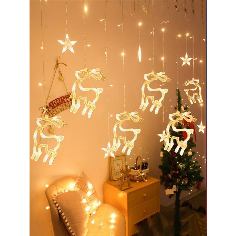 Cortina Cascata 100 LEDS Estrelas Renas Natalino Decorativo 3 Metros 8 Funções Bivolt