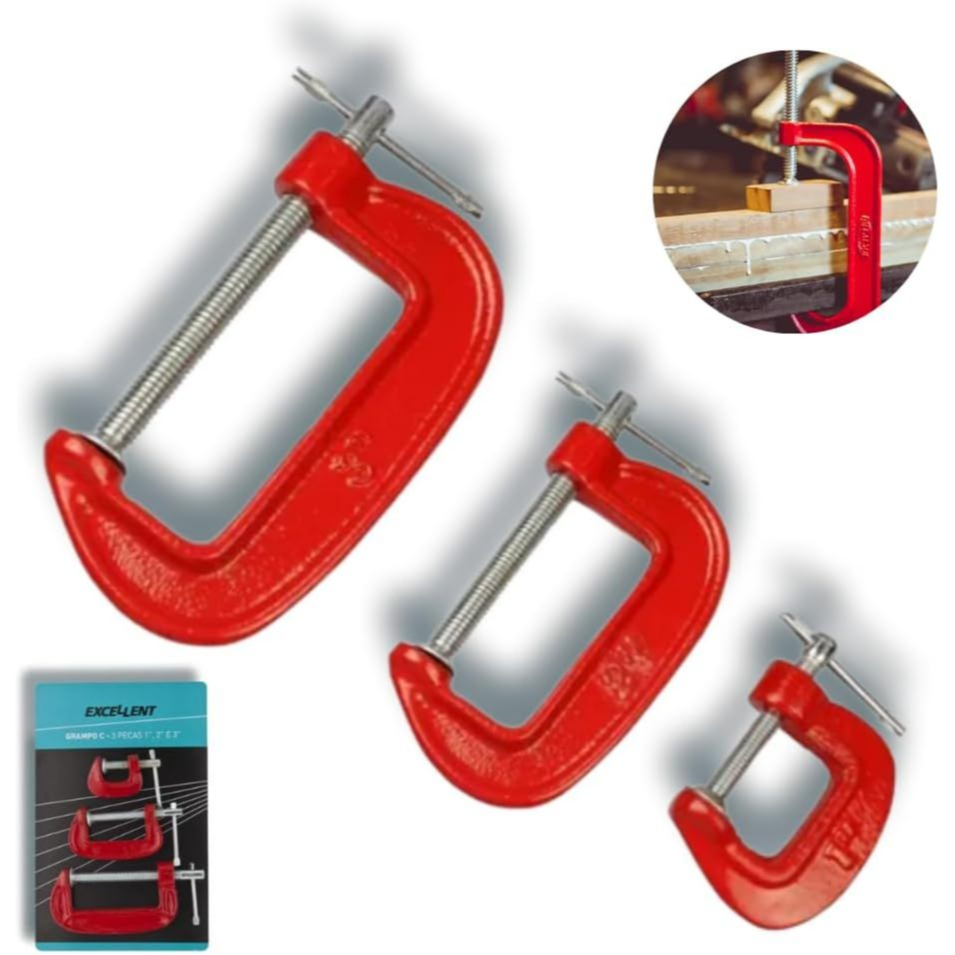 Kit 3 Grampo sargento Tipo C marceneiro Com 3 Peças 1, 2 e 3 Polegadas Carpintaria ou trena 10M
