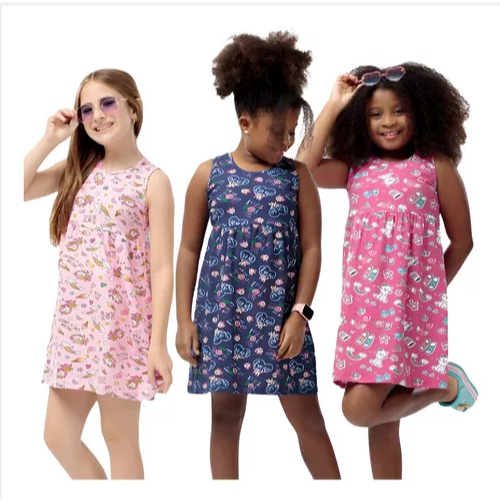 Vestido Infantil De Cotton Estampado Kit 3 Peças