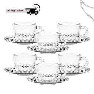 Jogo De Xícaras E Pires Em Vidro Transparente 12 Peças Para Chá Café 220ml Pearl Pérola Bo...