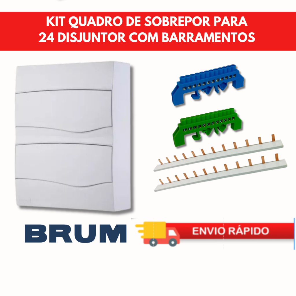 Quadro Distribuição Sobrepor 24 Disjuntor Barramento Neutro/Terra 12Furos 2Barramento Pente Unipolar