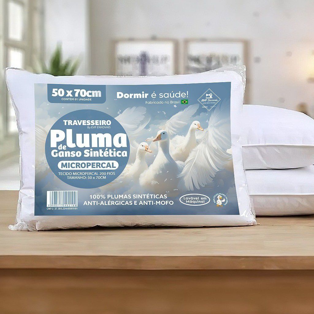 KIT TRAVESSEIRO 02 PEÇAS Pluma de Ganso Anti-Acaro Anti-Alergico Anti-Mofo 70x50cm Dormir é Saude