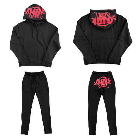 Conjunto Moletom Preto e Vermelho Streetwear Syn Urbanculture