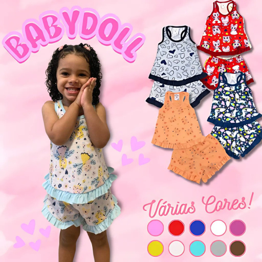 Pijama infantil verão de menina 100% algodão baby Doll infantil e juvenil 1 ao 16 menina