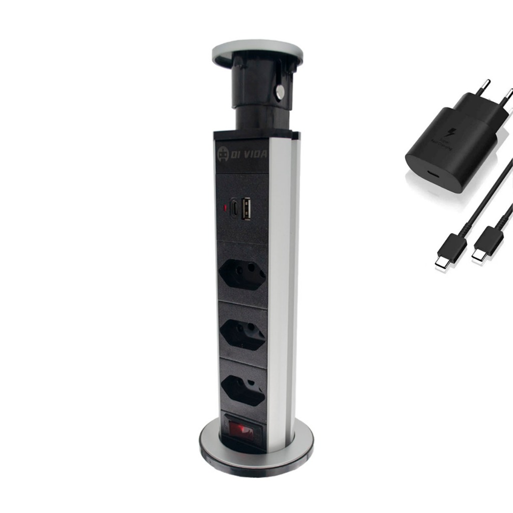 Torre De Tomada Retrátil Multiplug 2 Usb 5v E 3 Tomadas 10a
