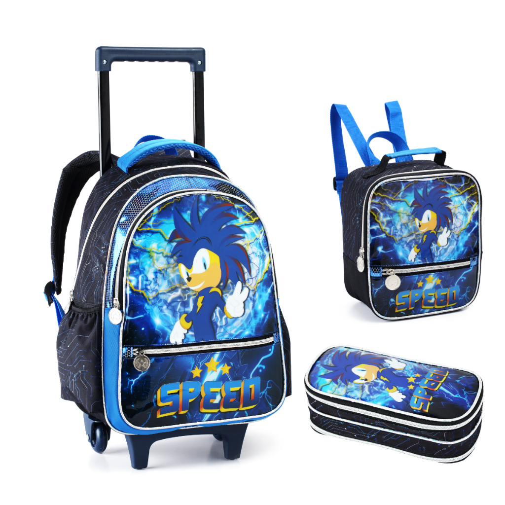 kit mochila escolar Rodinhas Sonic Speed menino reforcada 3 pecas