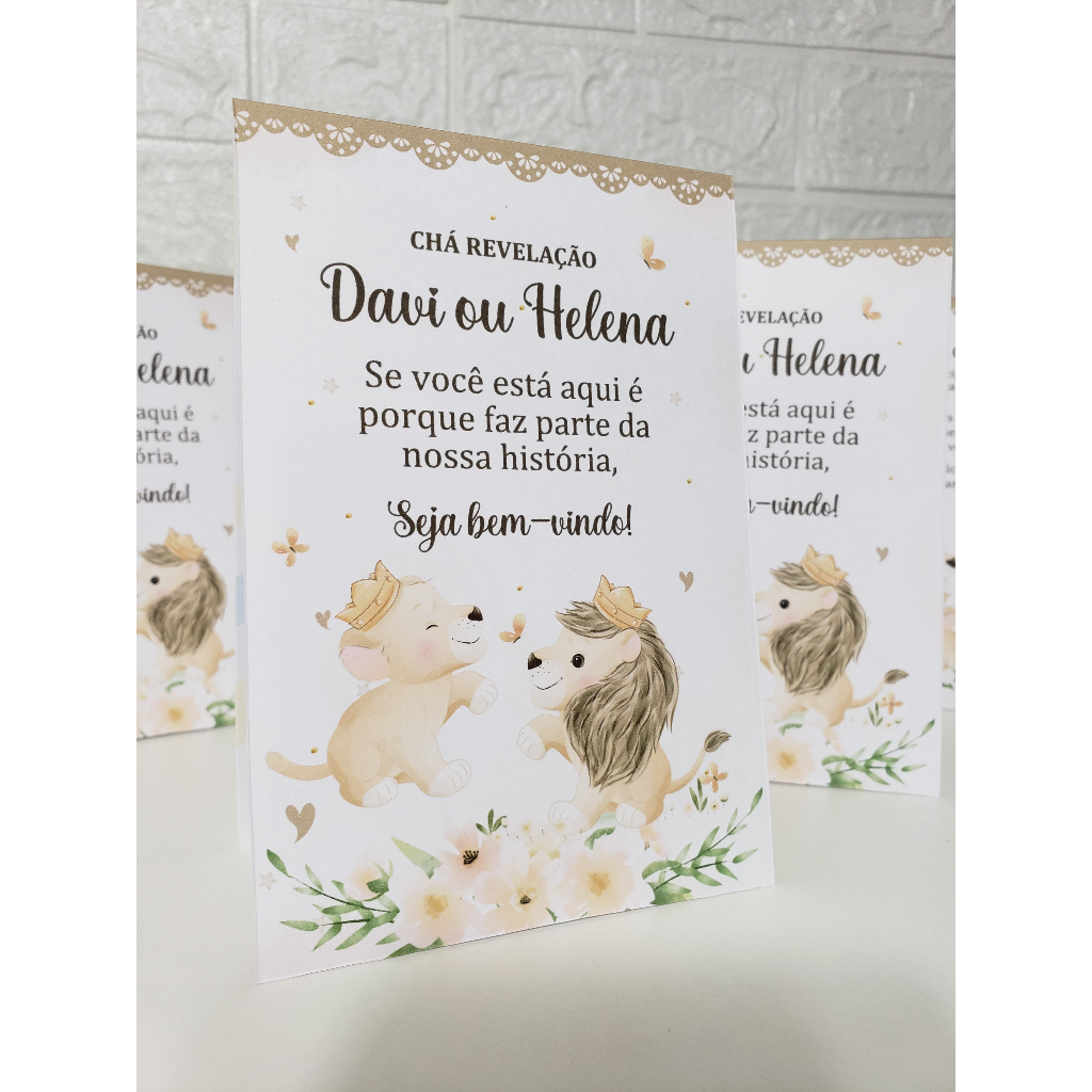 Centro de mesa agradecimento personalizado enfeite de mesa tema leão e leoa - leãozinhos - chá revelação