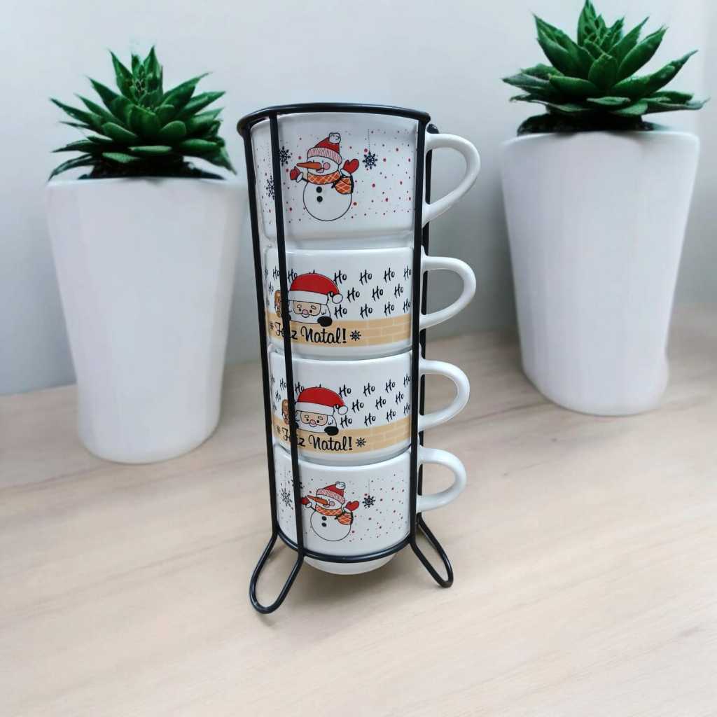 Jogo De 4 Xicaras Café Chá Porcelana Feliz Natal Com Suporte de Metal