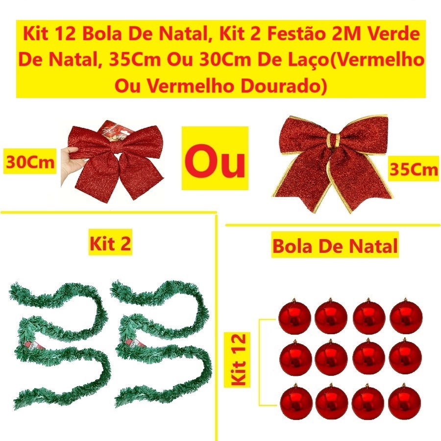 Kit Enfeites Natal Com 2Un Festão 2M Verde De Natal Kit 15 Bola De Natal E 30Cm Laço Ou 35Cm Laço