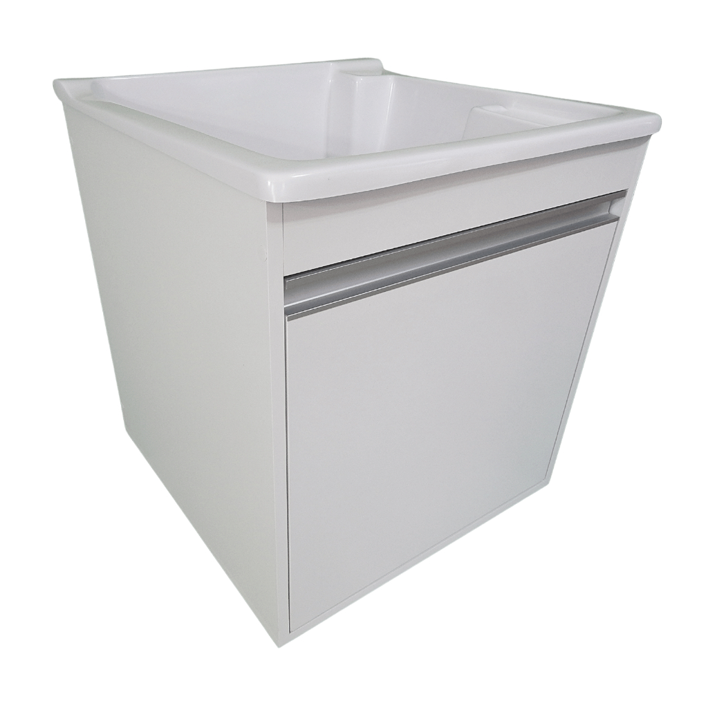Gabinete Armário MDF 54cm Suspenso Tanque lavar Roupa Fibra 40L Torneira De Bancada Entregue Montado