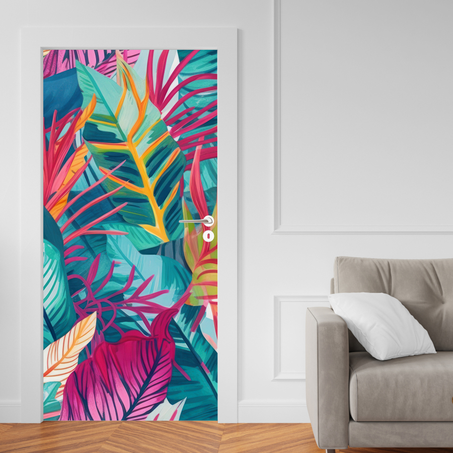 Adesivo De Porta De Madeira ou Vidro Decoração Revestimento Natureza Flores - Floresta Tropical Colorida 087X