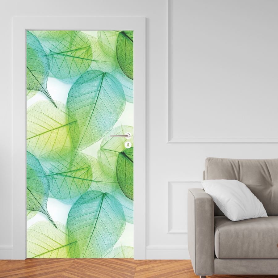 Adesivo De Porta De Madeira ou Vidro Decoração Revestimento Natureza Flores - Folhas Natureza Verde 088X