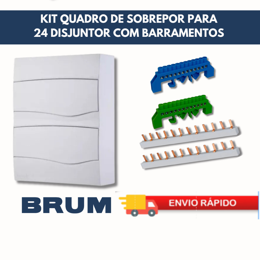 Quadro Distribuição Sobrepor 24 Disjuntor Barramento Neutro/Terra 12Furos 2 Barramento Pente Bipolar