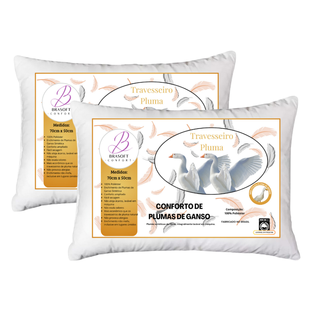 Kit Travesseiro Pluma de Ganso Sintetico Descanso Antiacaro BraSoft 70x50cm