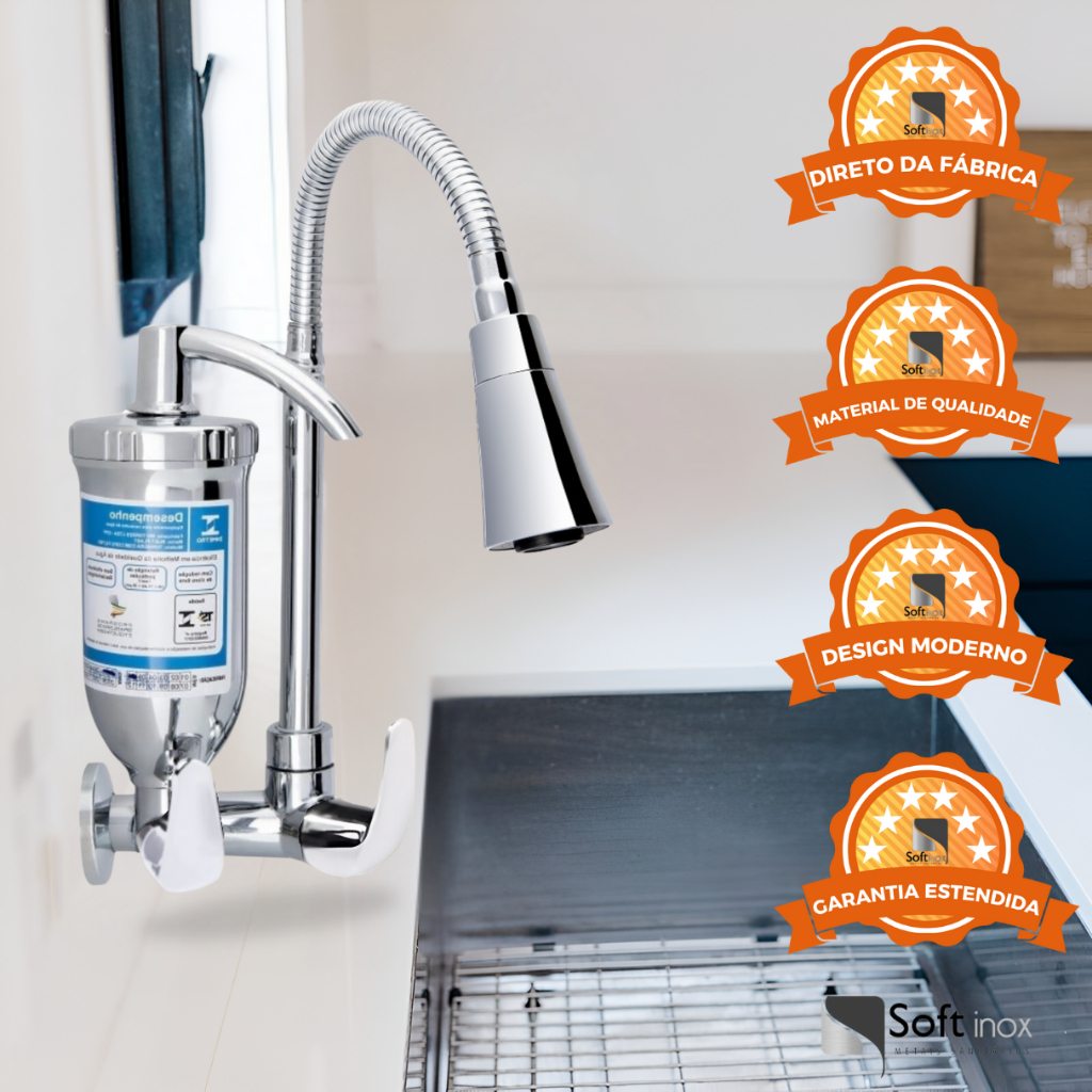 Torneira Com Filtro Cone Para Cozinha Gourmet Cromada Refil Carvão Ativado Água Purificada parede