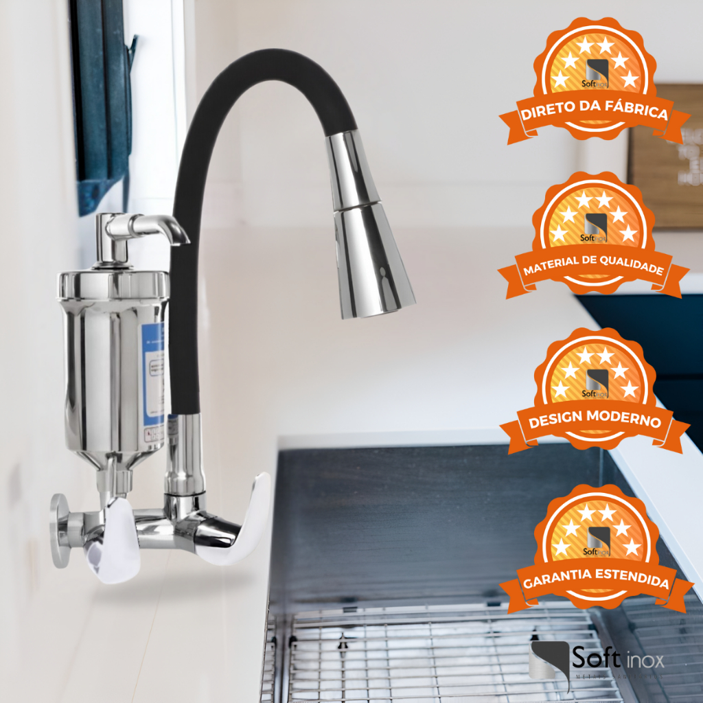 Torneira Filtro Gourmet Flexível Cozinha Parede Preto/Cromo