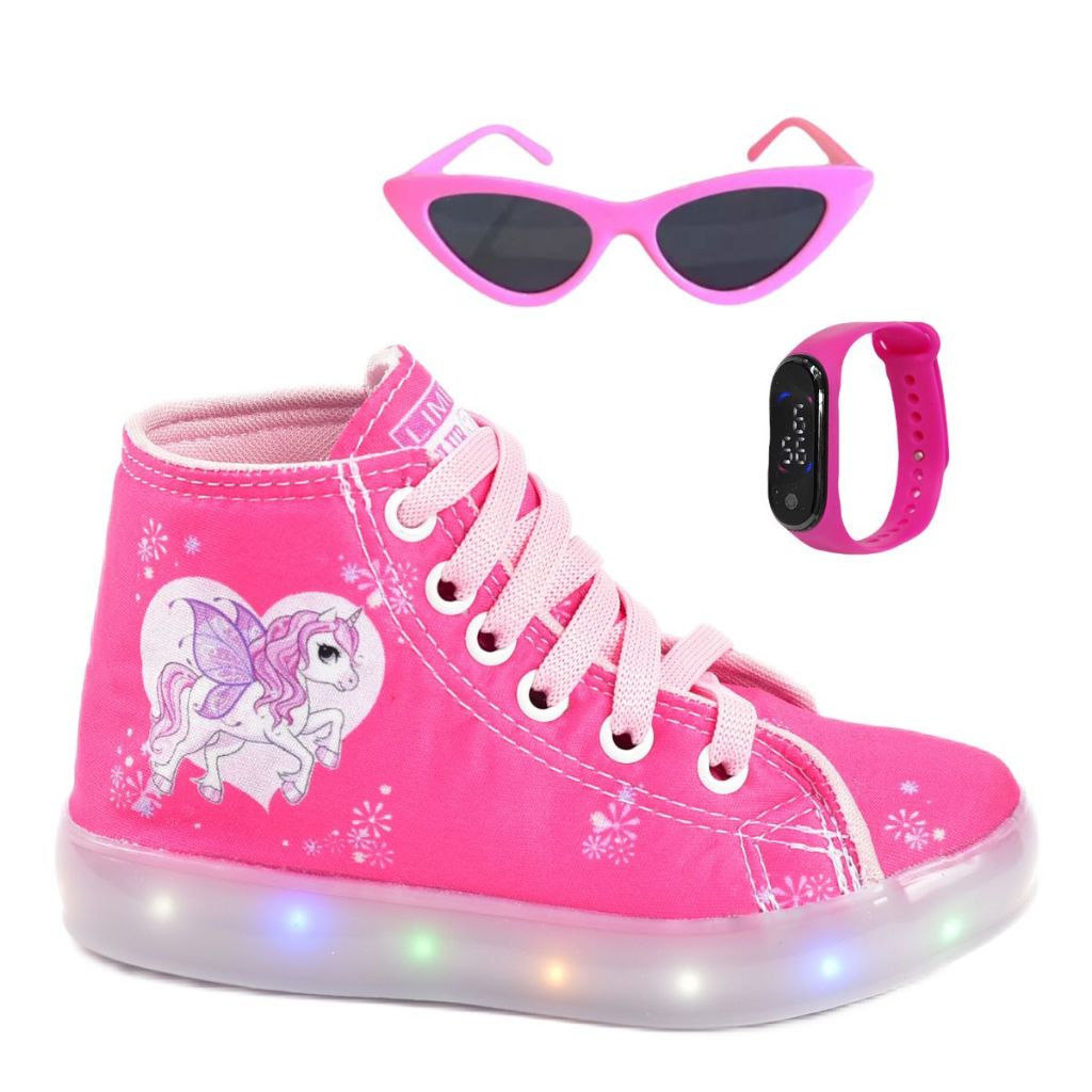 Tênis Feminino Led Infantil Botinha Cano Alto Unicórnio  Rosa Preto + Óculos Relógio em Oferta na Shopee