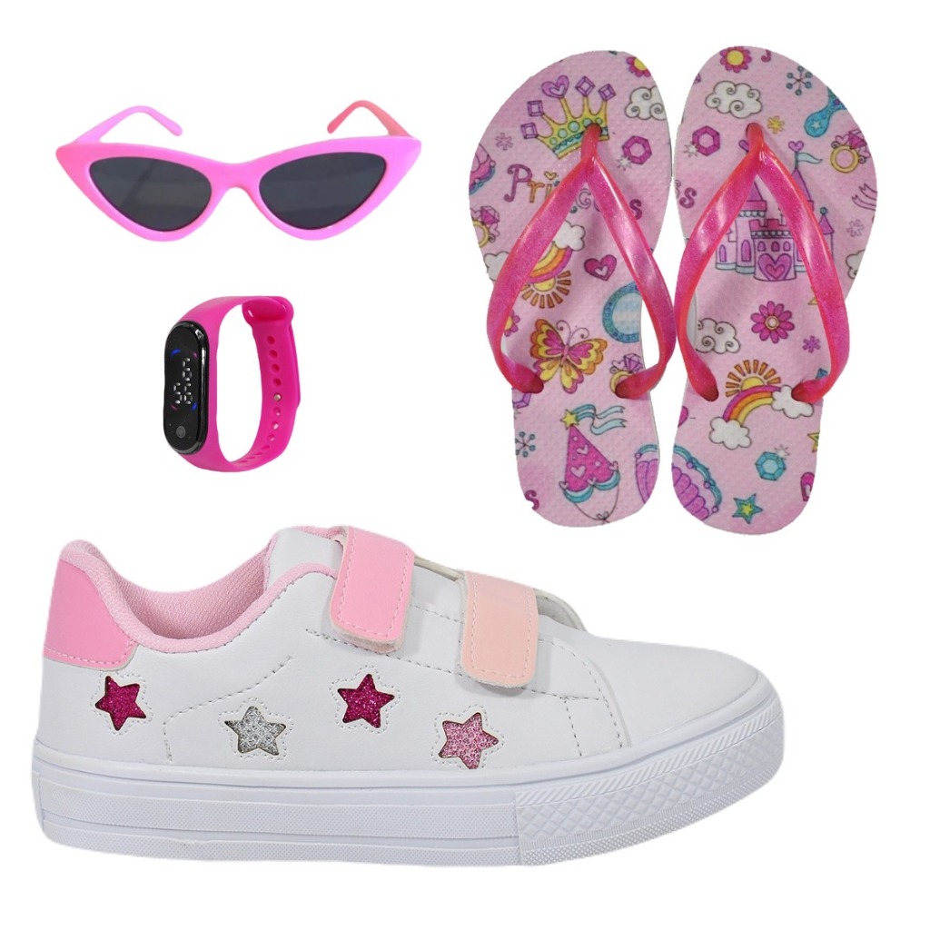 Tênis Casual Infantil Feminino Estrela Bordado Rosa Branco Preto + Chinelo Óculos Relógio