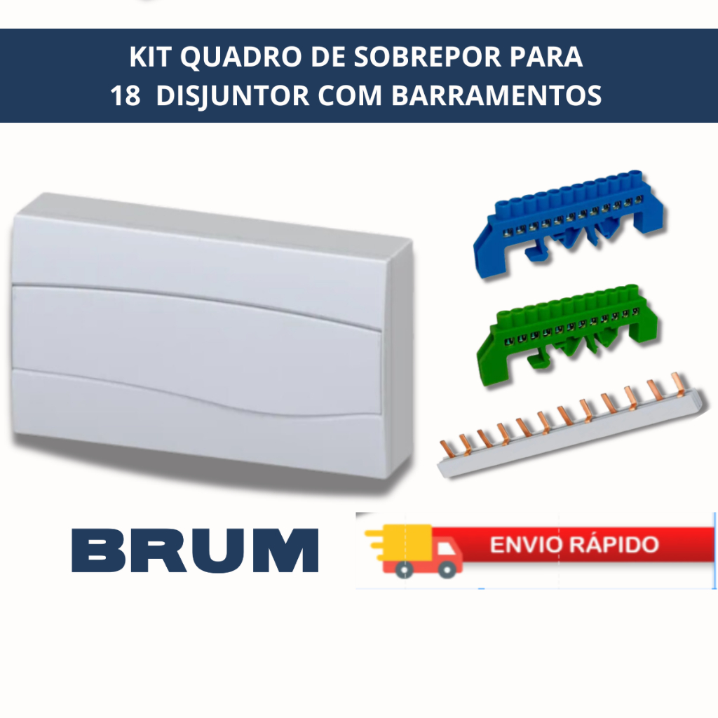Quadro Distribuição Sobrepor 18 Disjuntor Barramento Neutro/Terra 12furos Barramento pente Bipolar