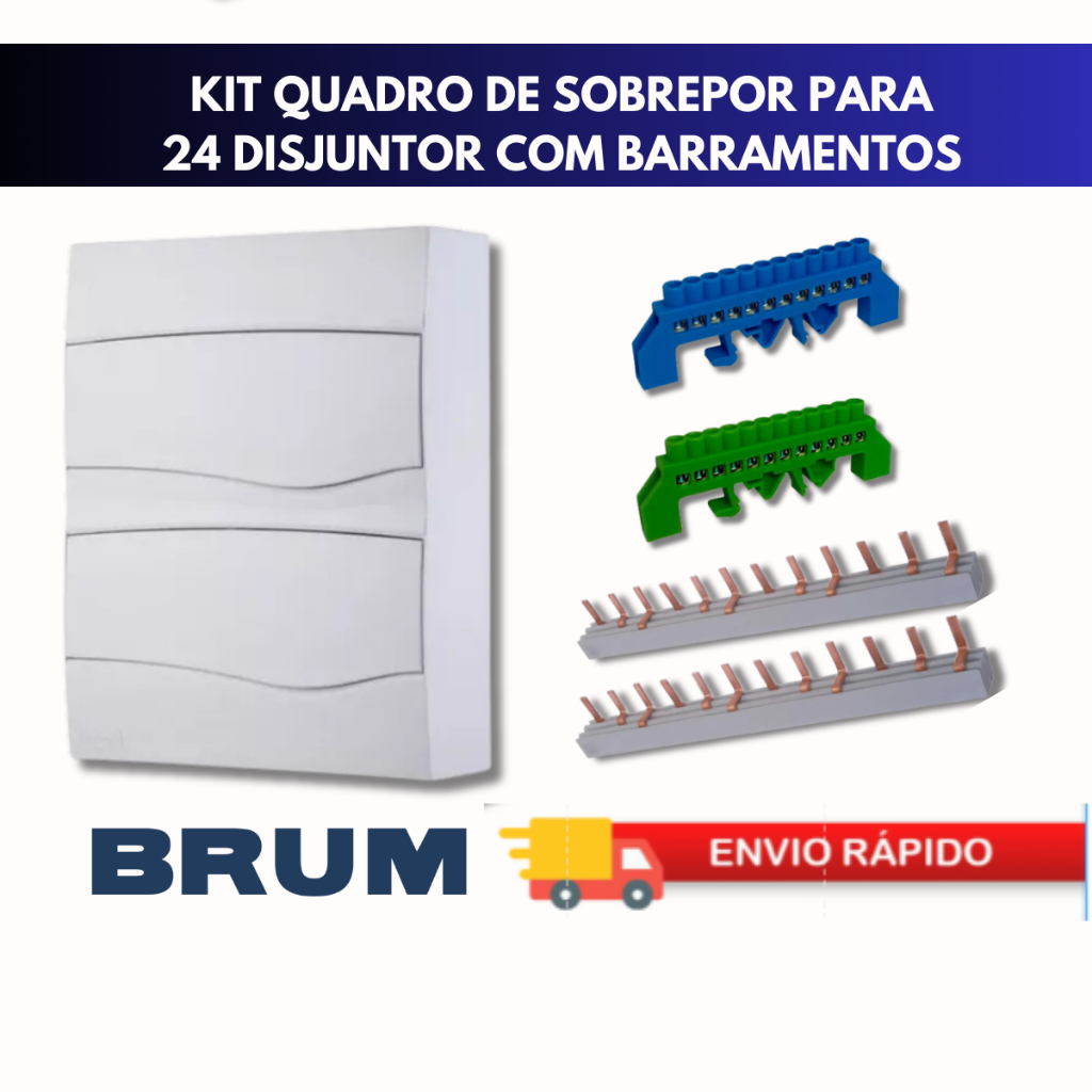 Quadro Distribuição Sobrepor 24 Disjuntor Barramento Neutro/Terra 12furos 2Barramento Pente Tripolar
