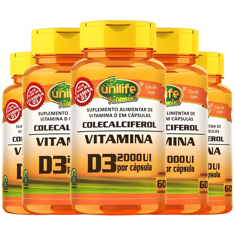 KIT C/5 Un. Colecalciferol Suplemento Alimentar Vitamina D3 2000 Ui 60 Capsulas - Unilife