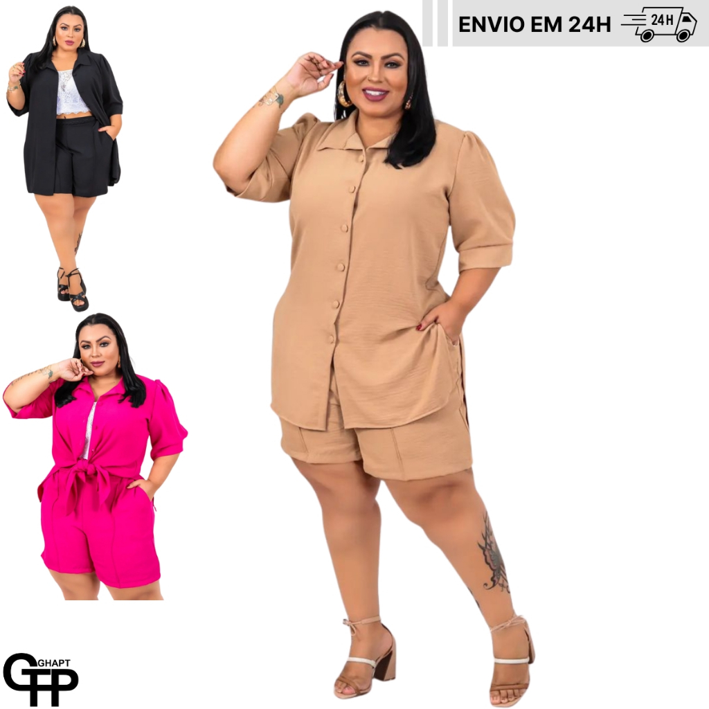 Conjunto Plus Size Manga Curta Camisão e Short Feminino Moda Curve