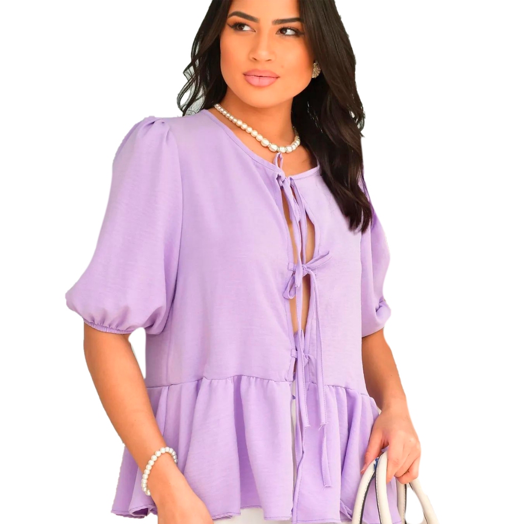 Blusa Bata Lacinho Listrada Babado  Modinha Feminina Lançamento Manguinha