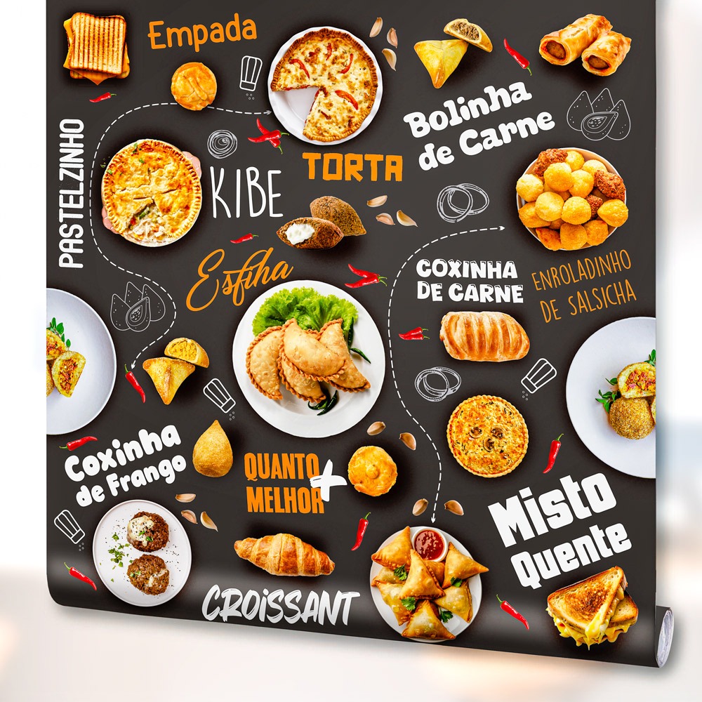 Papel de Parede Adesivo Decoração Salgados Coxinha esfirra Torta Kibe Cozinha Gourmet Lanchonete Lanche