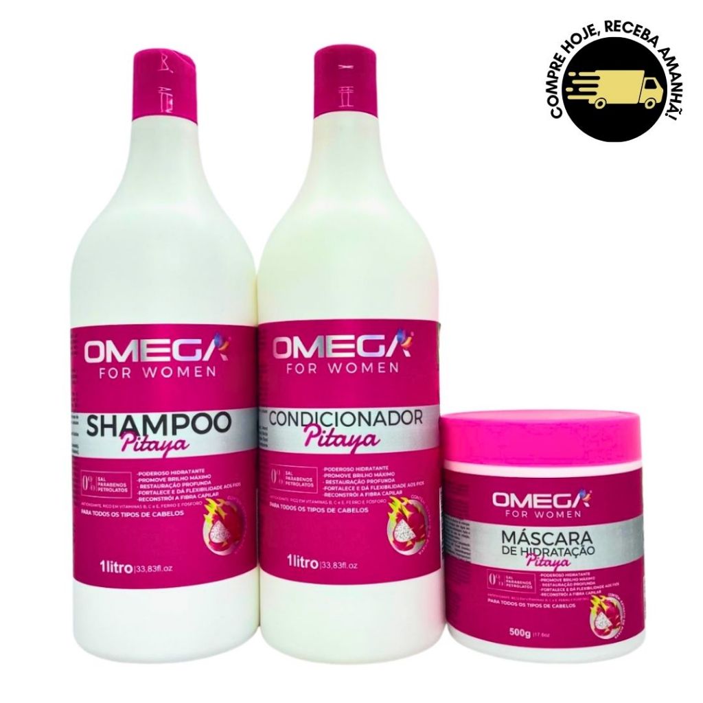 Kit Tratamento REGENERADOR Capilar Pitaya Shampoo Condicionador 1L e Máscara 500g Omega Hair FULL