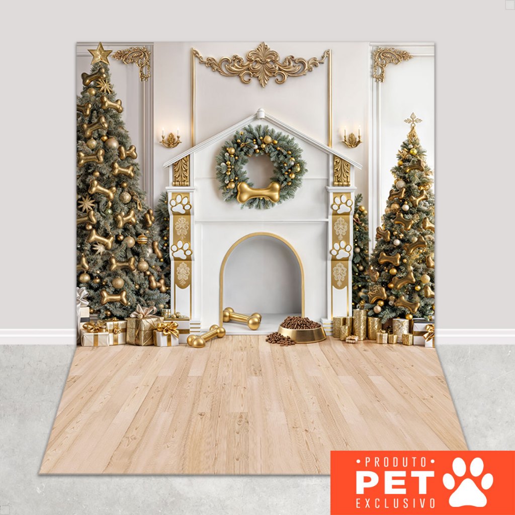 Painel Fundo Fotográfico Pet Natal Dourado Sublimado  Em Tecido 1,20x1,70m - PET-140
