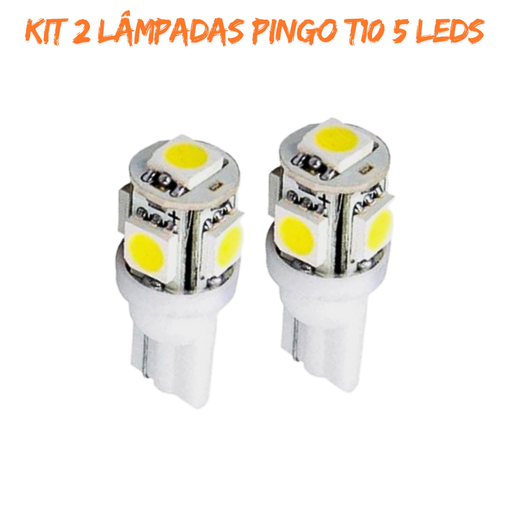 Kit 2 Lâmpadas Pingo T10 5 Leds Xenon Super Branca para placa, teto, painel, farolete