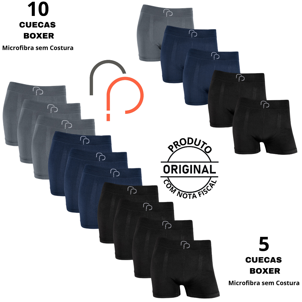 Kit 5 e 10 Cueca Boxer Box RP Microfibra Sem Costura Seamless Elastano Lisa Confortável