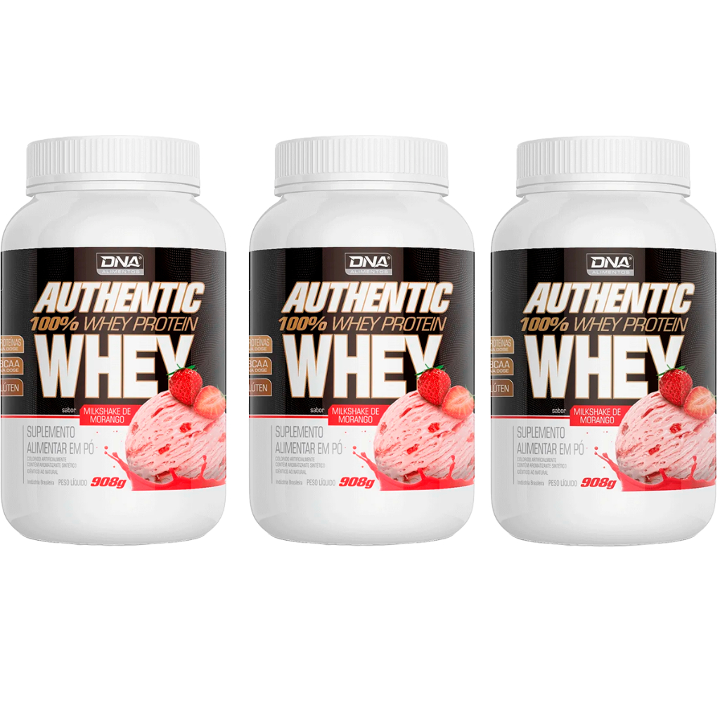 3x Authentic 100% Whey 908g Milkshake Morango - Dna Suplementos