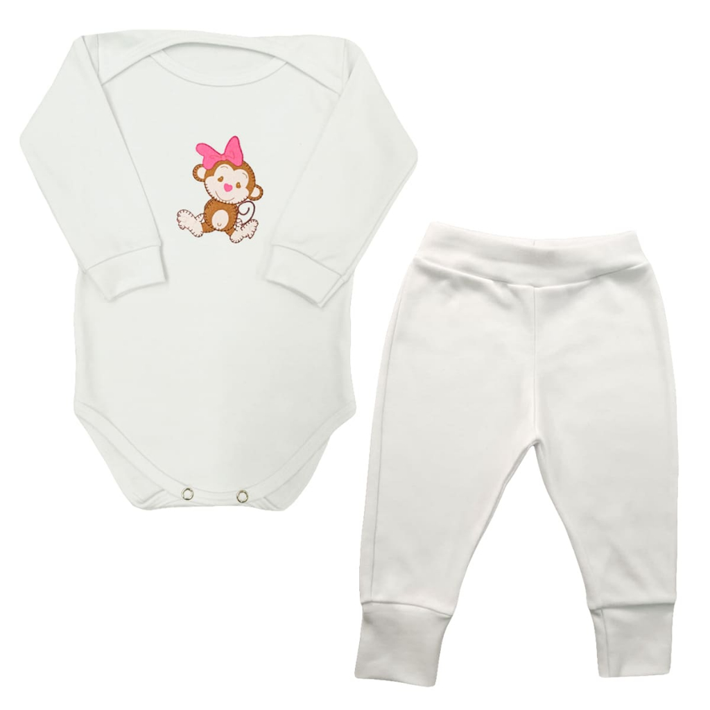 Conjunto Body Manga Longa Bebê Macaquinha Laço Rosa + Calça