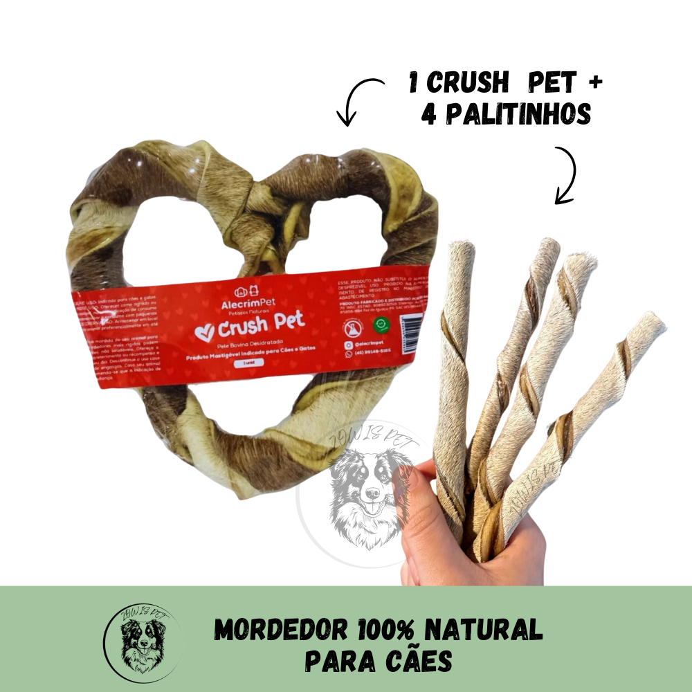 Kit Mordedor Natural Pet Palitinho de Couro Bovino 4un para Cachorro Natuka + Crush Pet Alecrim Pet