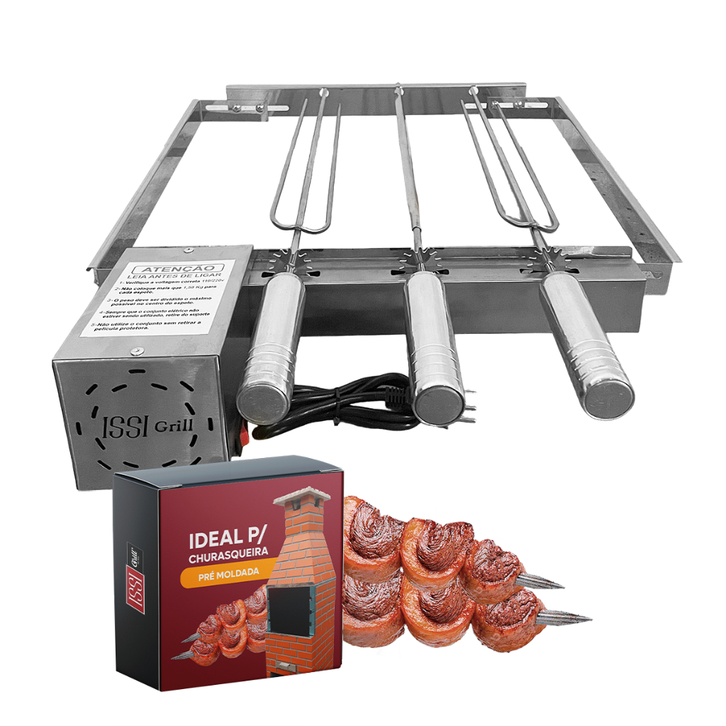 Grill Giratório Inox 3 Espetos Churrasqueiras Pré Moldada Issi Grill