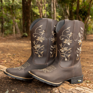 Botina Bordada Feminina Texana Country Floral Bege Lançamento em Oferta na Shopee
