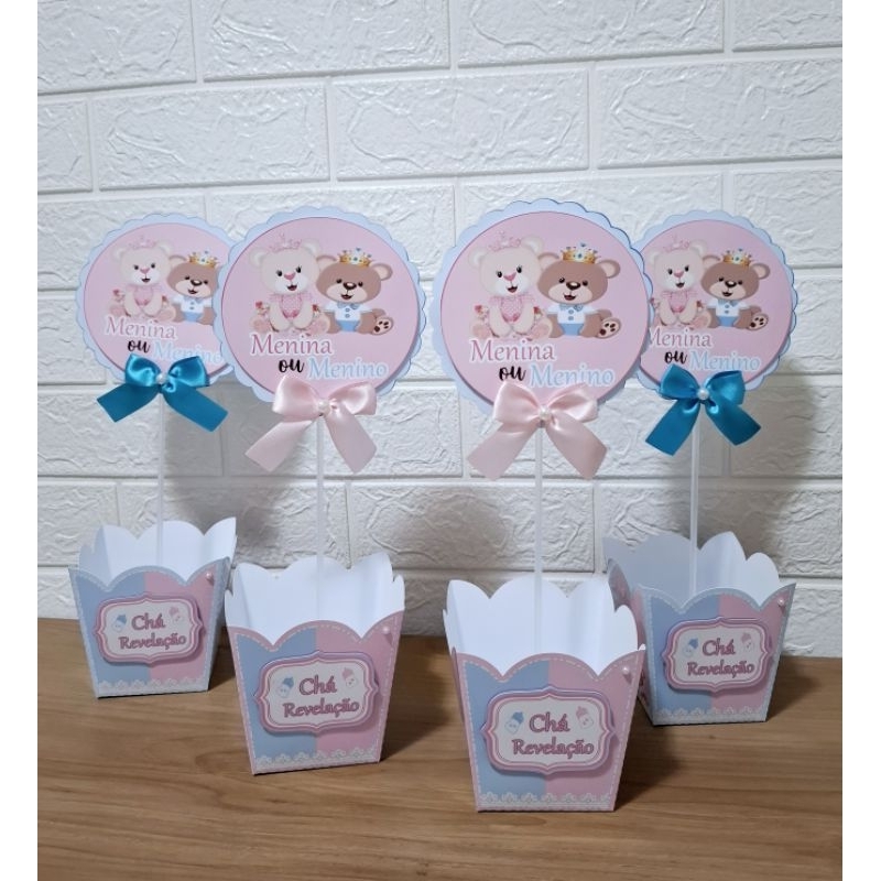 Kit 10 Centro de Mesa Cachepo Personalizado Festa Aniversário Lembrancinhas Chá de Bebê Chá Revelação Rosa e Azul