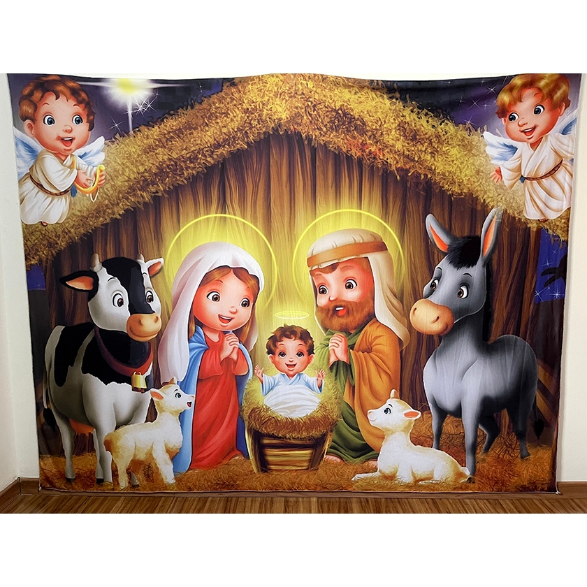 Fundo Fotográfico 2x1,60mts LxA em malha Sublimada NATAL PRESÉPIO INFANTIL ANJINHOS