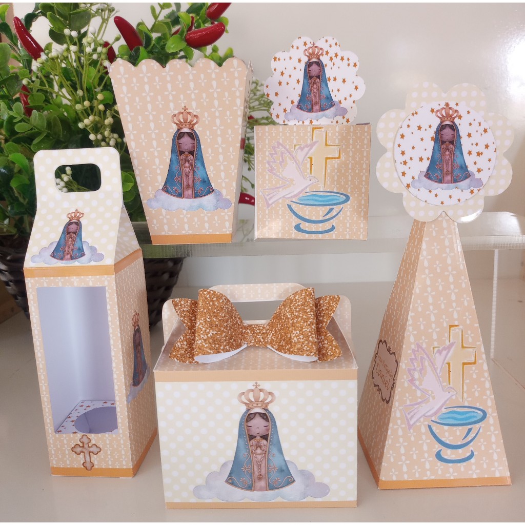 KIT FESTA LEMBRANCINHA PERSONALIZADA BATIZADO NOSSA SENHORA APARECIDA. CAIXINHAS PARA FESTA.
