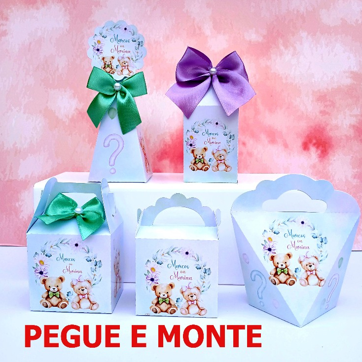 PEGUE E MONTE – KIT FESTA PERSONALIZADOS CHÁ REVELAÇÃO LEMBRANCINHAS CAIXINHAS PARA FESTA