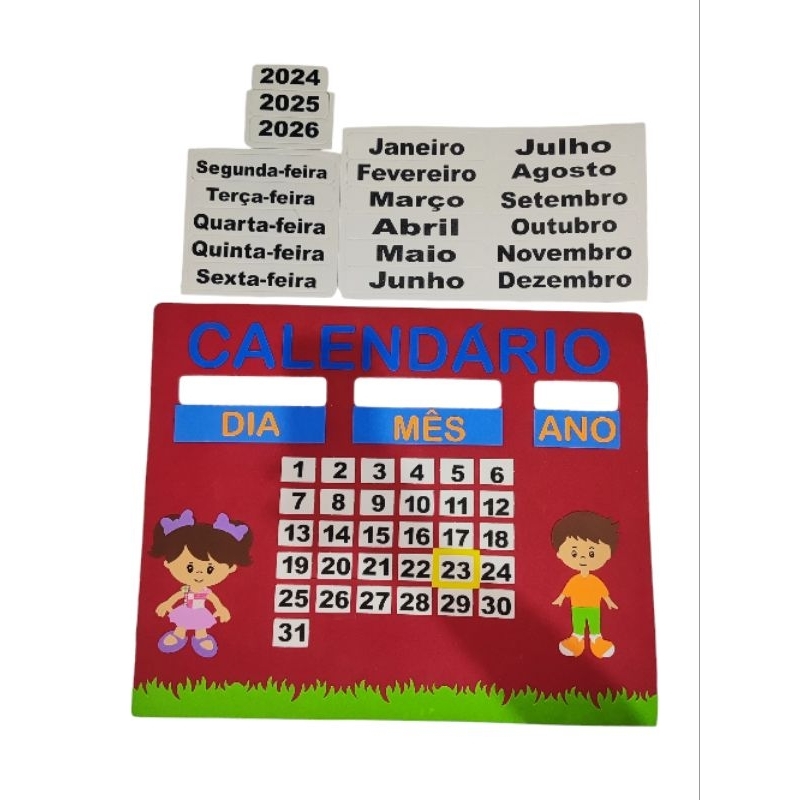 Calendário em Eva Infantil Personalizado 48x60 cm Grande , Com Mês, Dia, Dia da semana e Ano 2026 / 2027 Sala de Aula