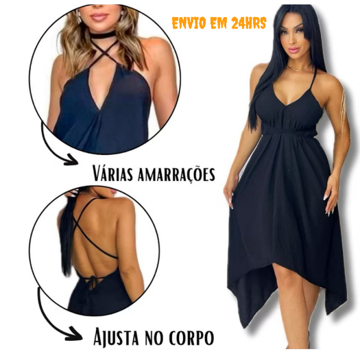 Vestido Feminino Midi Envelope  Alcinha Soltinho Costa Nua Com Varias Amarrações