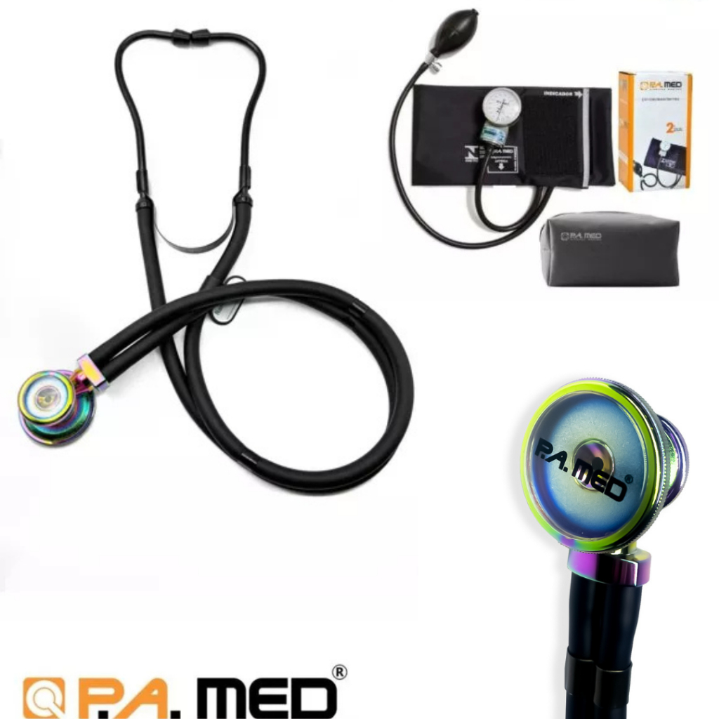 Kit: Estetoscópio Rappaport Black Rainbow P.a.med + Esfigmomanômetro com bolsinha P.a.med
